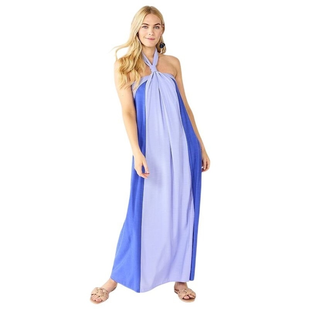 Nine West Womens Halter‎ Maxi Dress Colorblock Blue Periwinkle Large